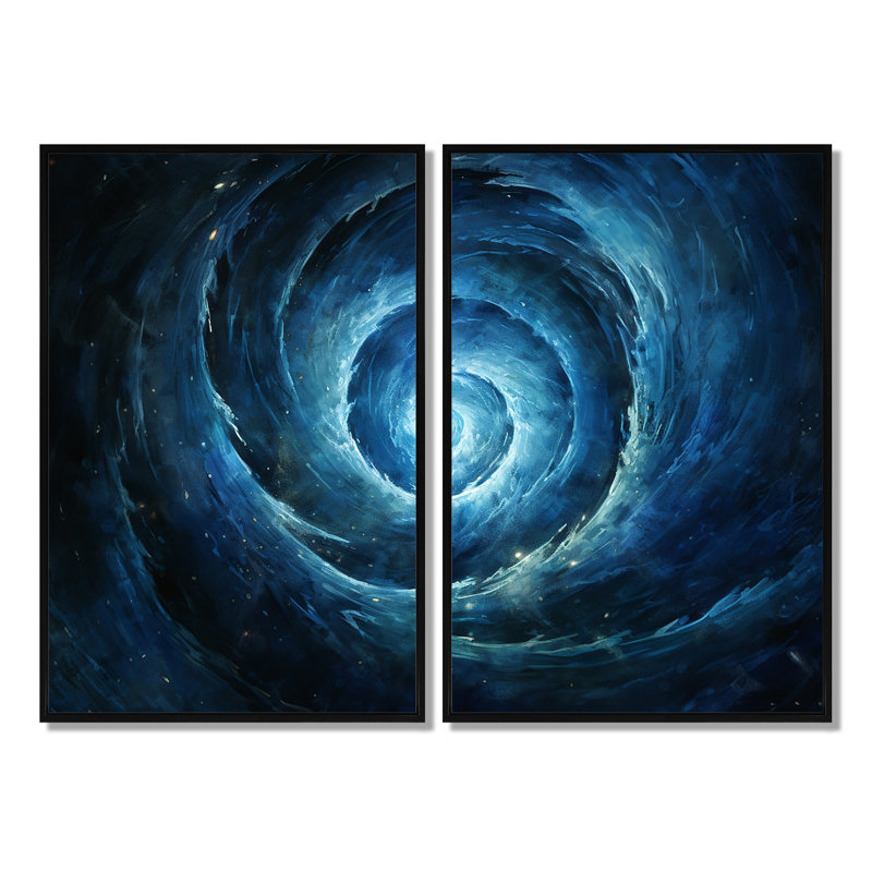 Blue Swirl Wave Spiral V - grandes décorations murales spirales abstraites 2 panneaux, Black, H 36 po x l 48 po