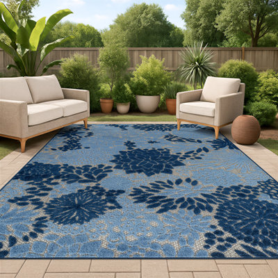 Floral Beige/Navy/Blue Indoor/Outdoor High-Low Area Rug
