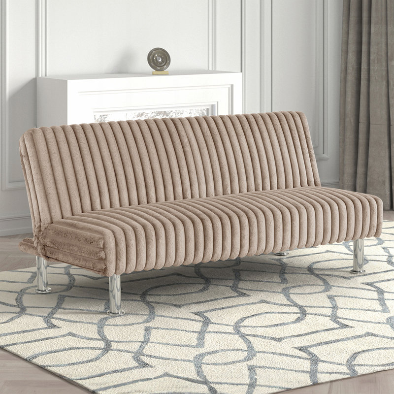 Canapé futon de style contemporain facile à convertir en lit avec pieds supplémentaires sans accoudoirs, finition chromée, pieds de la base, finition taupe