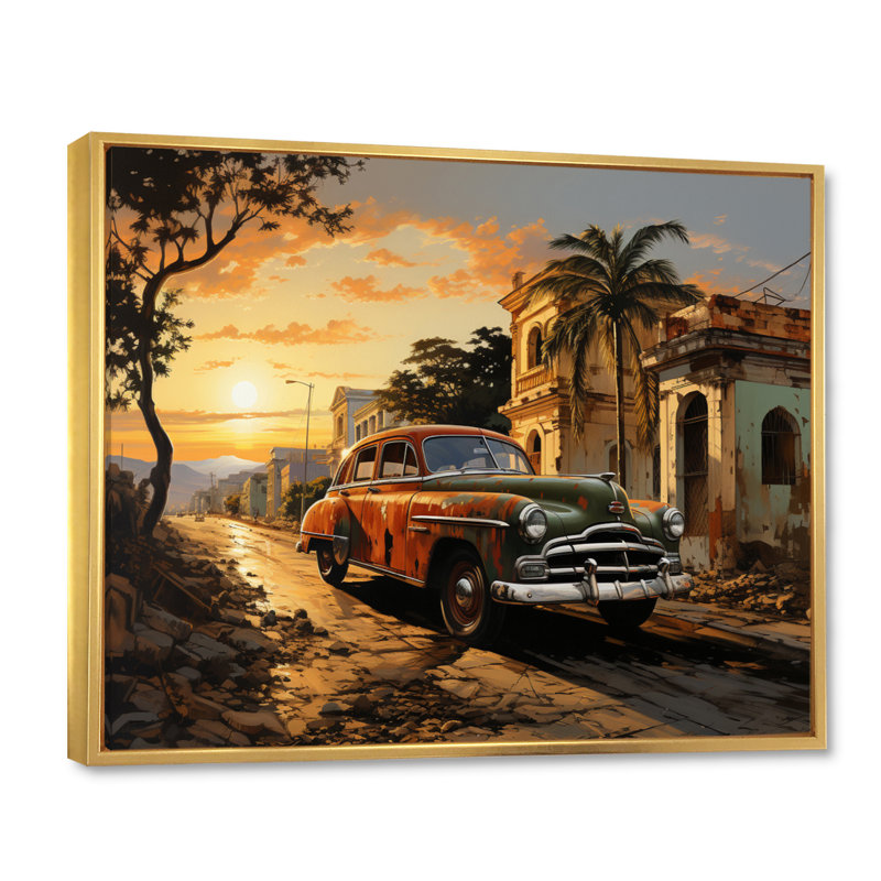 «Cuba Havana Sunset», art mural paysage de Cuba, H 12 po x l 20 po x P 1 po, Cadre flottant doré