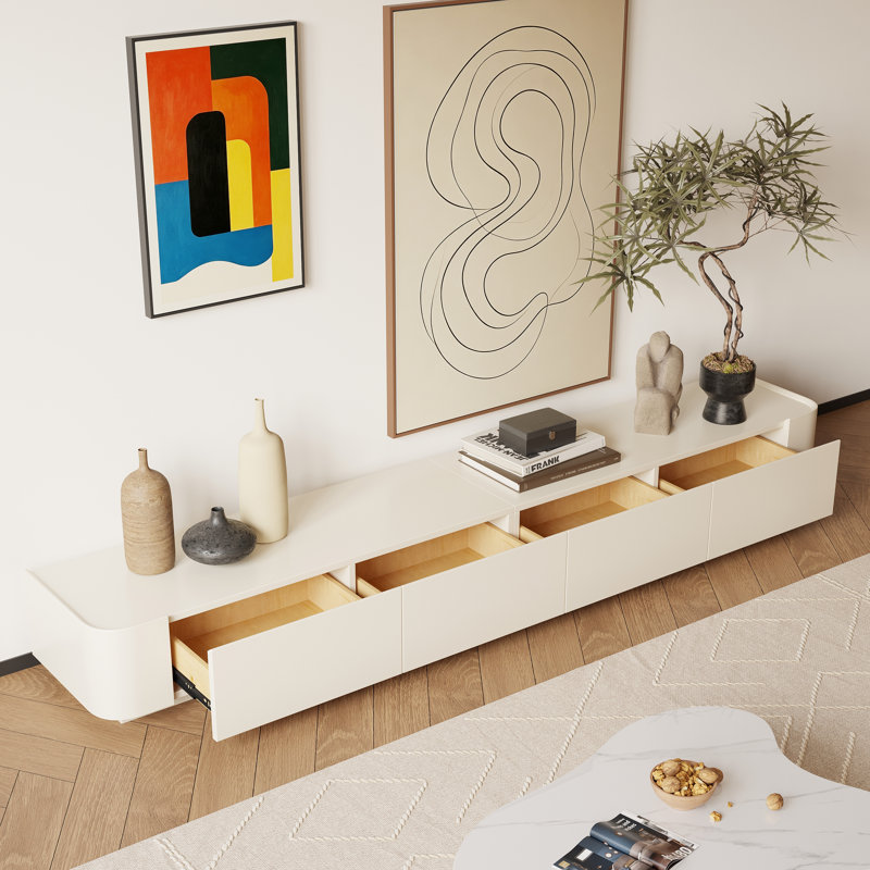 Meuble télé minimaliste, aucun assemblage requis, console multimédia longue avec tiroirs de rangement cachés, 94,5 po L