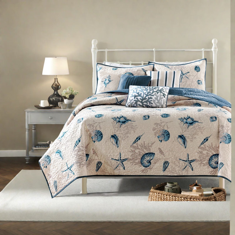 Ensemble de literie réversible Coastal, polyester bleu confortable, chambre à coucher