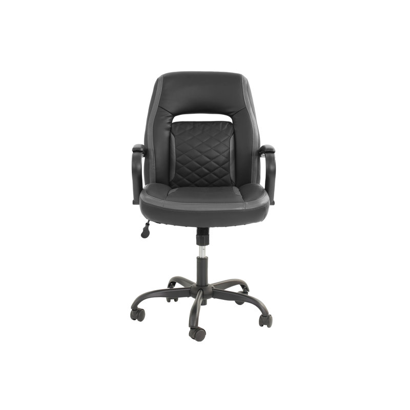 Chaise de bureau de style contemporain en similicuir gris noir, à cinq roulettes et rembourrée de conception unique avec des caractéristiques ergonomiques,