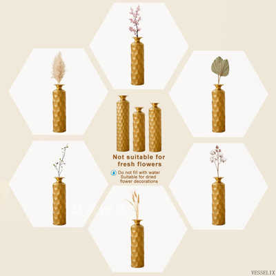 Ensemble de 3 vases de sol modernes en métal doré à texture hexagonale, hauteurs : 85 cm, 65 cm et 50 cm
