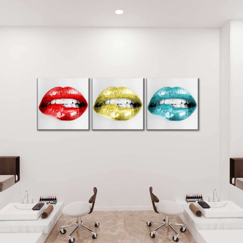 Three Pop Lips, reproduction d'art sur toile, H 30 po x l 92 po x P 1,25 po