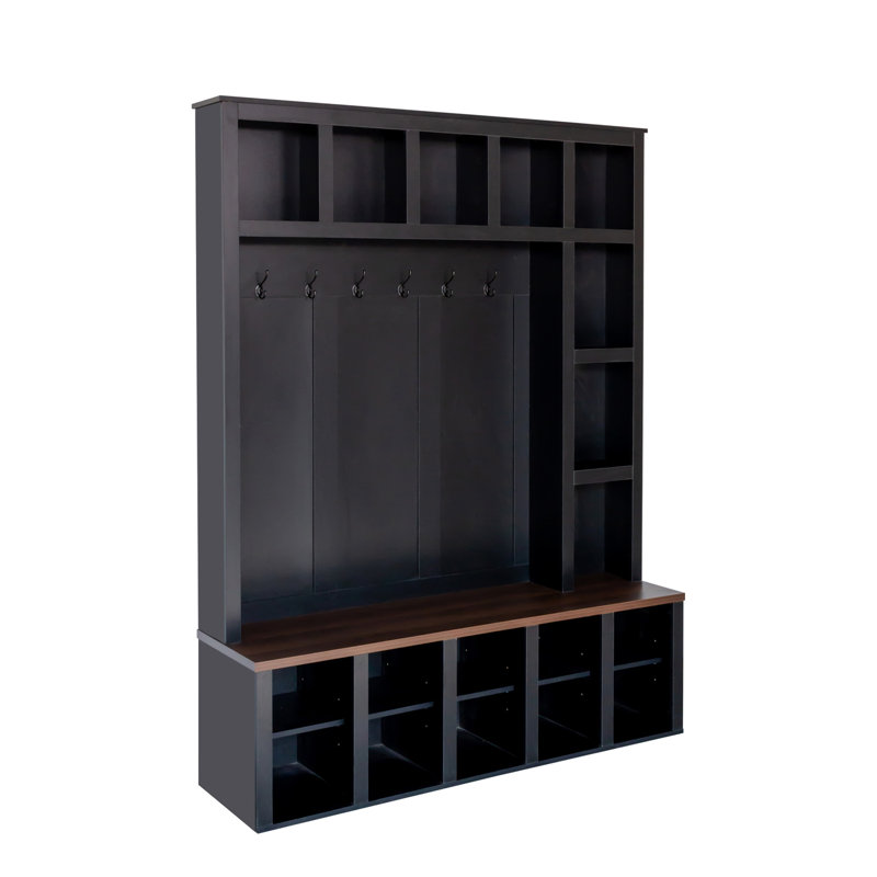 Farmhouse Wooden Hall Tree with 6 Hooks, Walnut Storage Bench with Adjustable Shelves,  4-in-1 Entryway Shoe Cabinet with Cubbies for Mudroom, Living Room, Black, 76.7"H