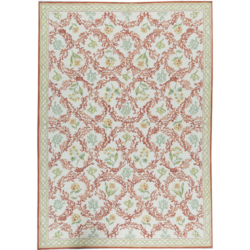 Tapis crème/corail en laine noué à la main Venatura, Rectangle 7 pi 10 po x 9 pi 10 po