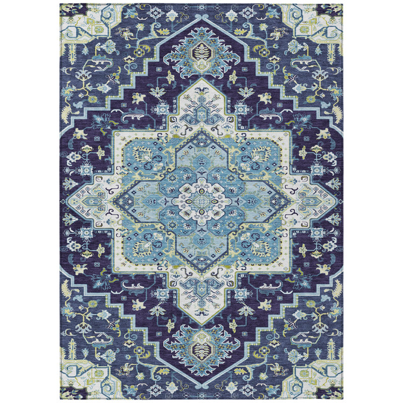 Tapis extérieur lavable intérieur bleu marine ivoire et noir 9 pi x 12 pi