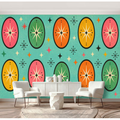 Peel and Stick Wallpaper Retro Colorful Teal vintage design mid century modern Wall Murals 100"H x 144"W Removable PVC Wall Paper Self-Adhesive Wall Decor for Bedroom Living Room Home Office