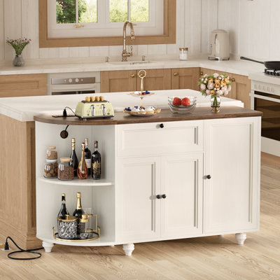 Farmhouse 55"W Bar Cabinet With Outlet, Coffee Bar With Drawer & 15 Wine Glass Rack