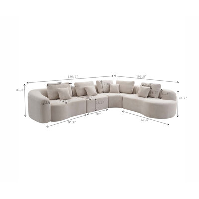 Canapé d'angle modulaire incurvé blanc de 136,9 pouces, canapé nuage compressé sous vide, ensemble de canapés d'angle surdimensionné avec coussins décoratifs, aucun assemblage requis, canapé incurvé à assise profonde pour grand salon.