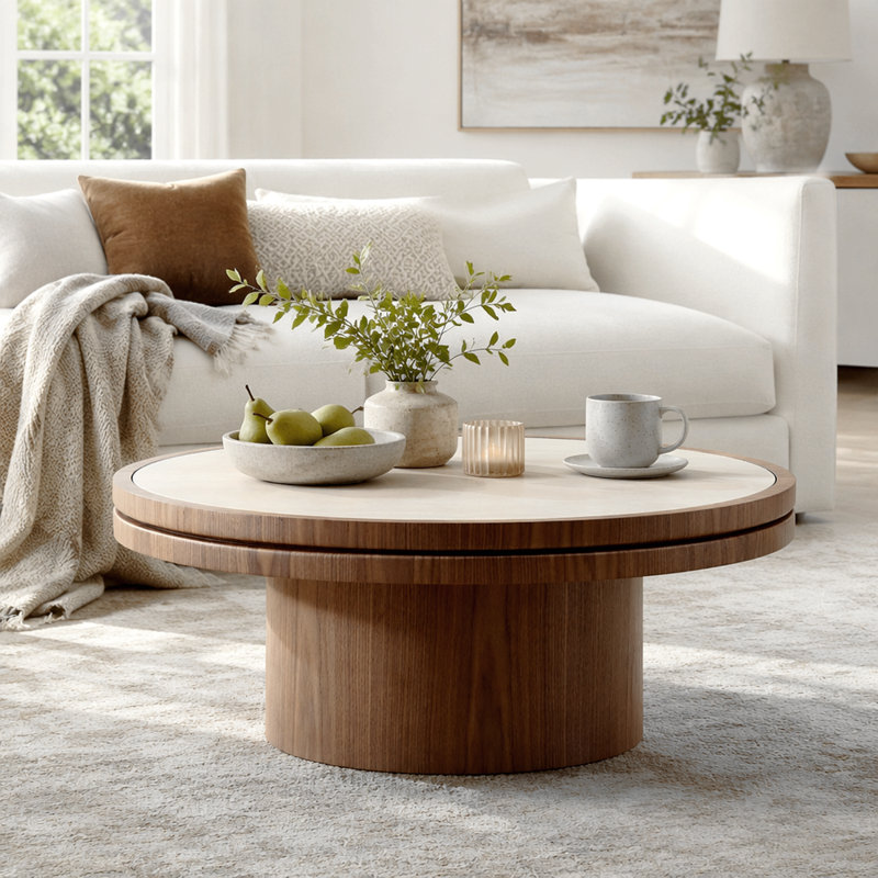 Table basse ronde 35,43 po - Finition noyer, plateau en pierre frittée et assemblage facile, Plateau blanc / base noyer