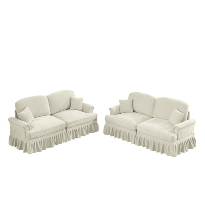Ensemble de canapé de salon modulaire classique 2 pièces avec accoudoirs évasés et volants amovibles, jupes plissées et pieds fuselés, canapé 2 places + ensemble de canapé causeuse 2 places pour le salon, blanc beige