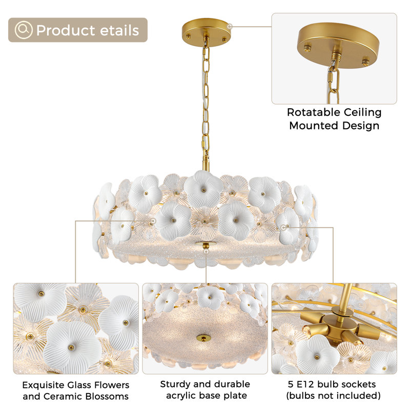 Modern Flower Glass Gold Chandelier, 5.9" H x 19.7" W x 19.7" D, 5 Lights