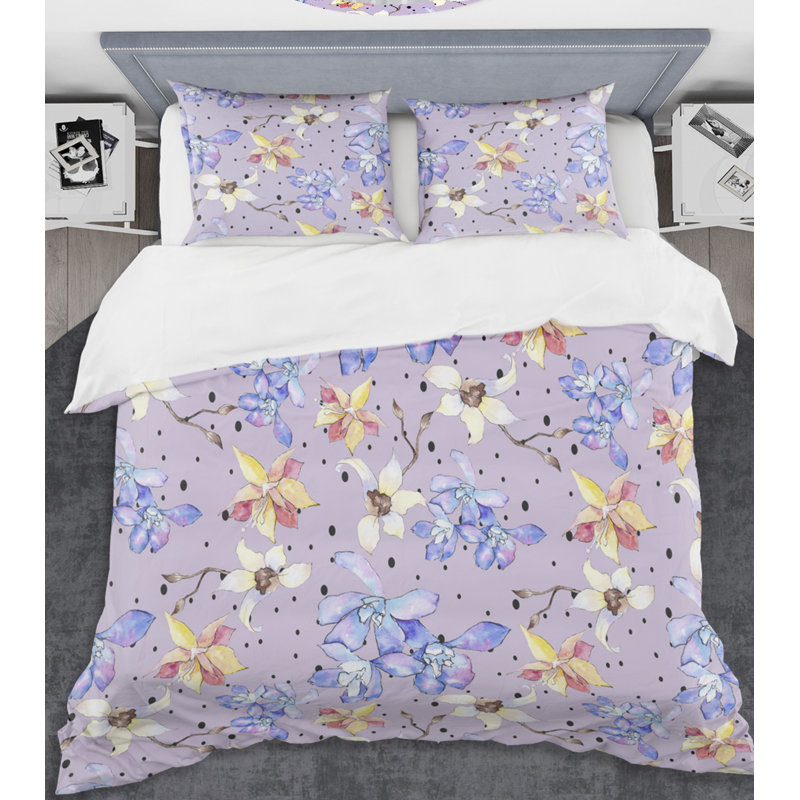 Ensemble de housse de couette à style mid-century floral botanique, Housse de couette très grand + 2 taies décoratives
