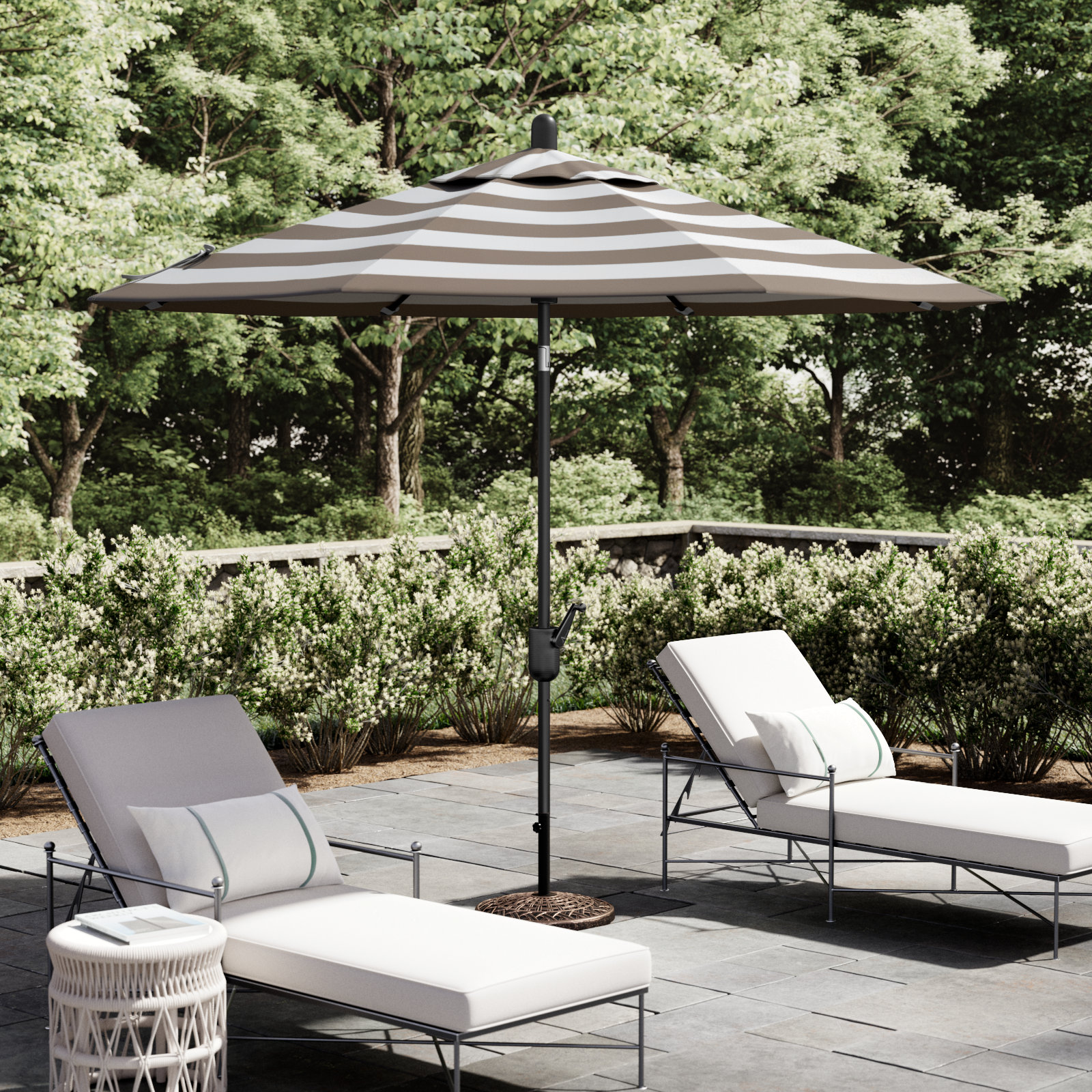 Natalie 8.7' Sunbrella® Market Umbrella, Black Sapphire, Mocha Stripe Performance Canvas