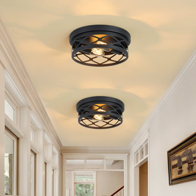 2-lights Black Flush Mount Ceiling Light Fixtures With Cage-style Metal Frame