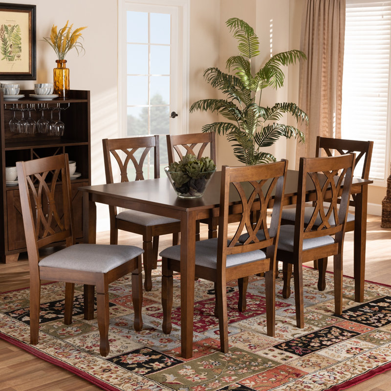 6 - Person Four Leg Dining Set, Walnut, Gray/Walnut