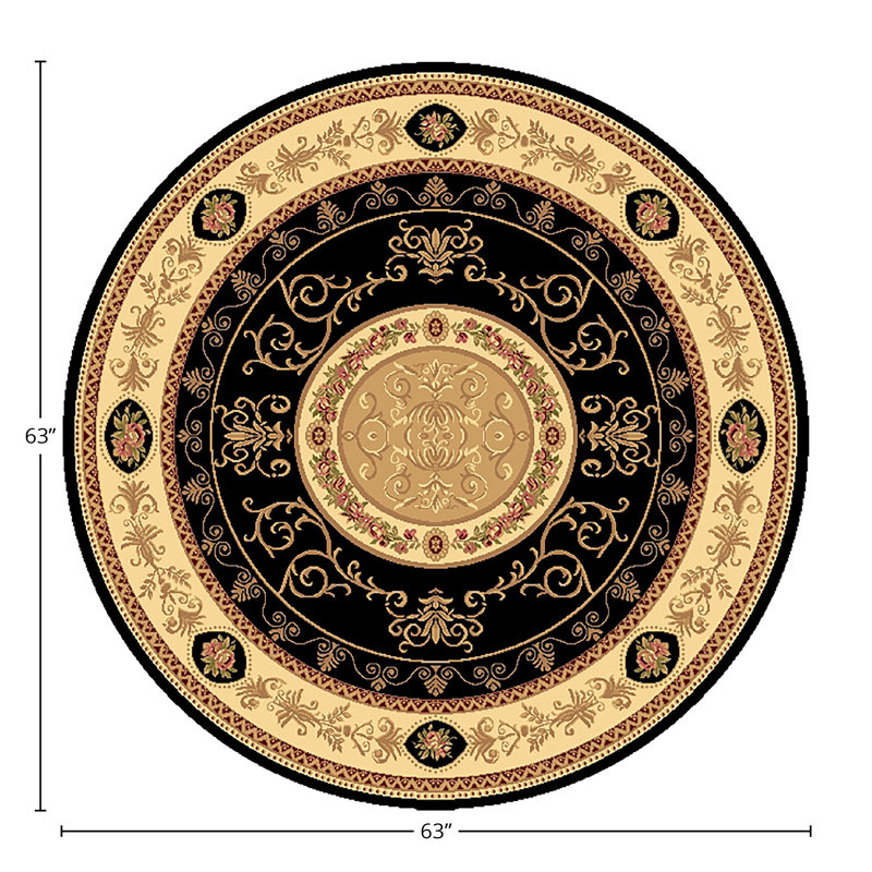 Aubusson Black and Beige Round Synthetic Wool Area Rug