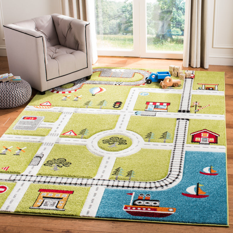 Carousel Kids Racetrack Area Rug In Green / Ivory, Rectangle 122 x 183 cm