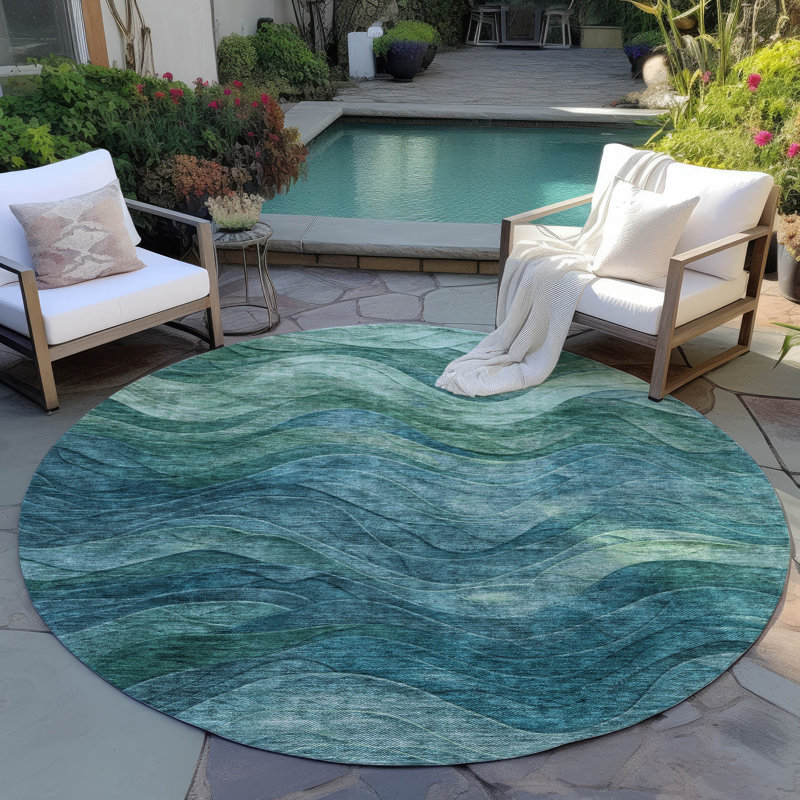 Machine Washable Indoor/Outdoor Cinead ACN1700 Teal 9' x 12' Rug, Rond 8 pi