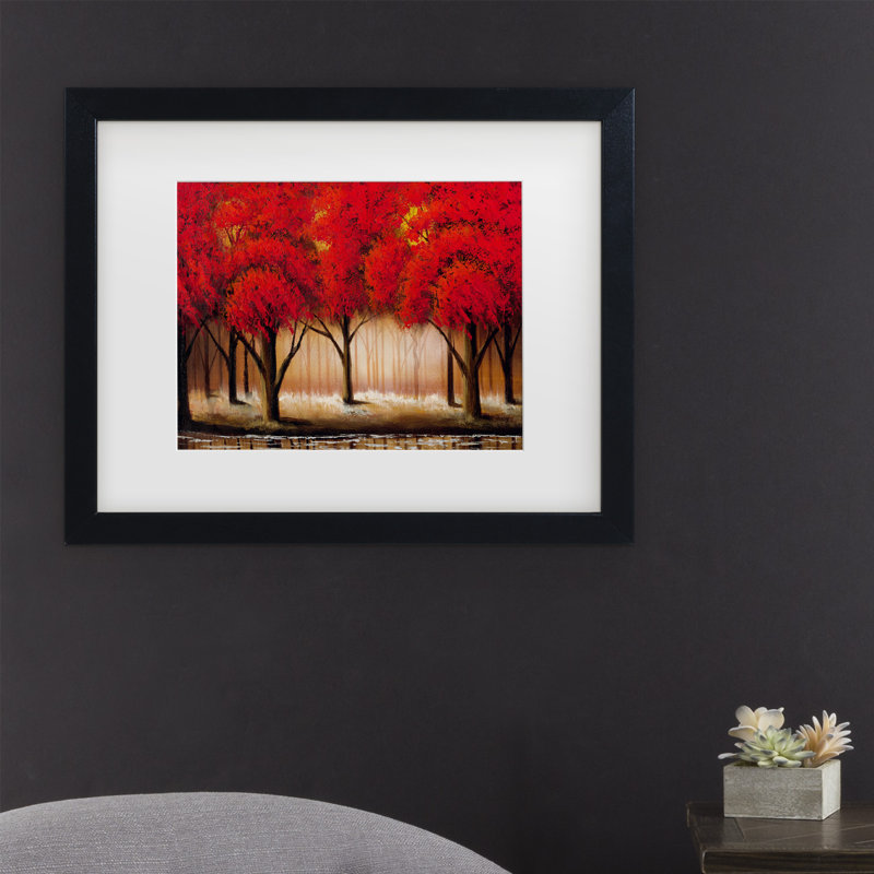 « parade of red treess ii », reproduction de peinture acrylique sur toile encadrée, H 11 po x l 14 po x P 0,5 po, Cadre noir