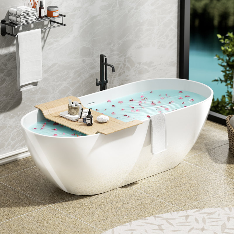 59" Freestanding Solid Surface Stone Resin Bathtub with Overflow and Pop-up Drain, Polished White, 59" H x 29.5" W x 21.63" D