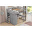Lit mezzanine double avec garde-robe intégrée, bureau, tablettes et tiroirs de rangement, gris
