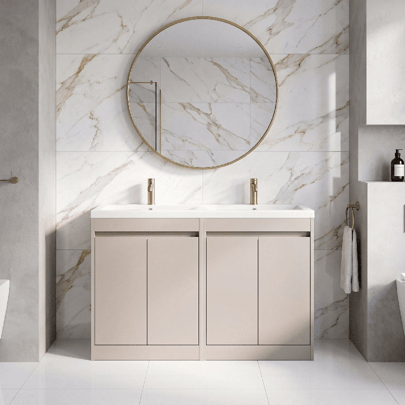nuie Havana 1200mm Soft Linen 4 Door Floor Standing Vanity Unit With Ceramic Basin, Soft Linen