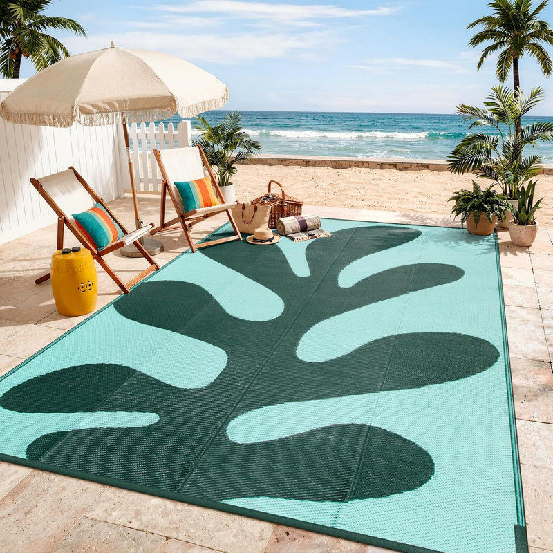 Tapis d'extérieur vert imperméable 8x10, motif Corail et Piscine Funky