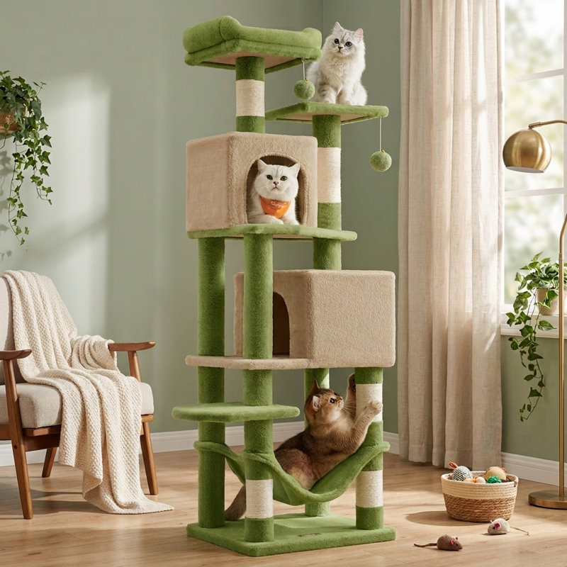 Arbre à chat avec poteaux à griffes en sisal, L 19,8 po x l 16,2 po x H 60 po, Vert/brun