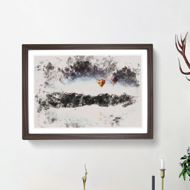 Hot Air Balloons Above a Lake - Picture Frame Painting Print, Walnut Framed, 40cm H x 60cm W x 2cm D
