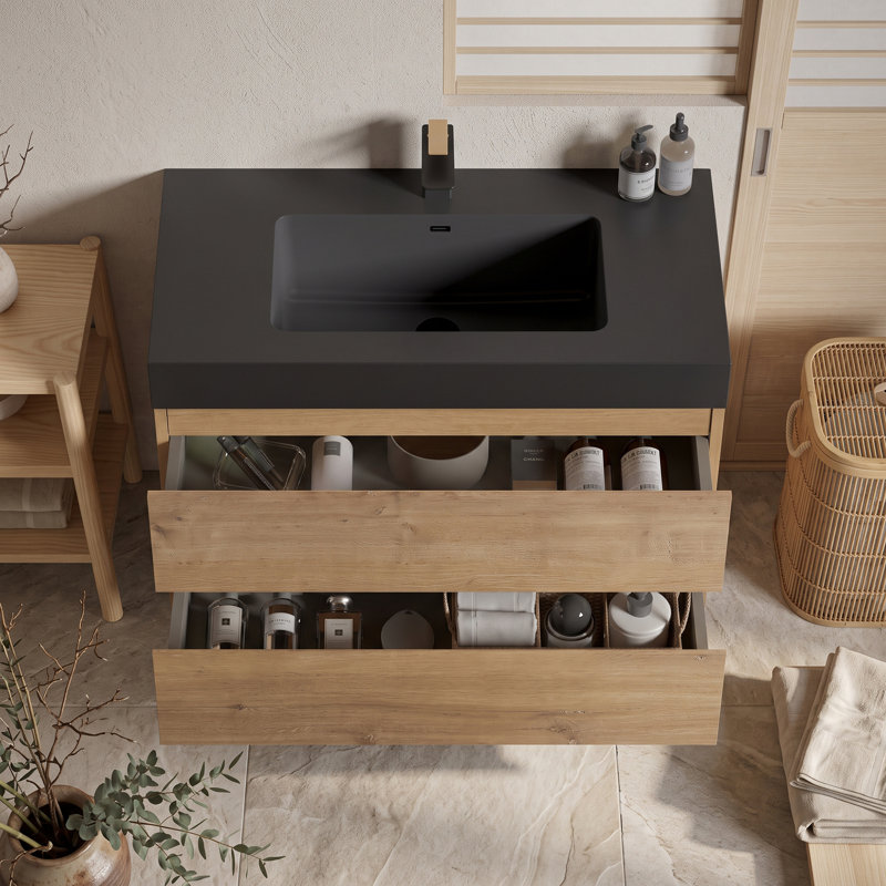 Meuble-lavabo mural simple 36 po avec surface solide 36 po, Chêne