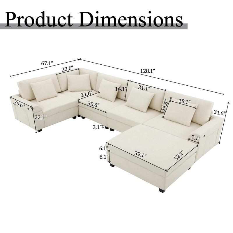 Canapé modulaire en U pour salon, canapé 6 places avec repose-pieds, rangement caché pour accoudoirs et porte-gobelets, ports de chargement USB