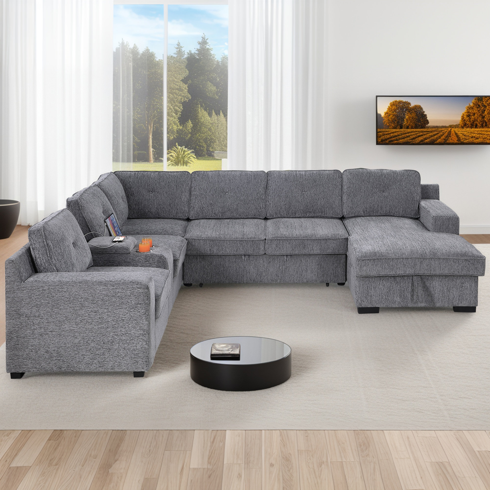 Latitude Run® U-shaped Chenille Sectional Sofa Bed Pull Out Sleeper ...