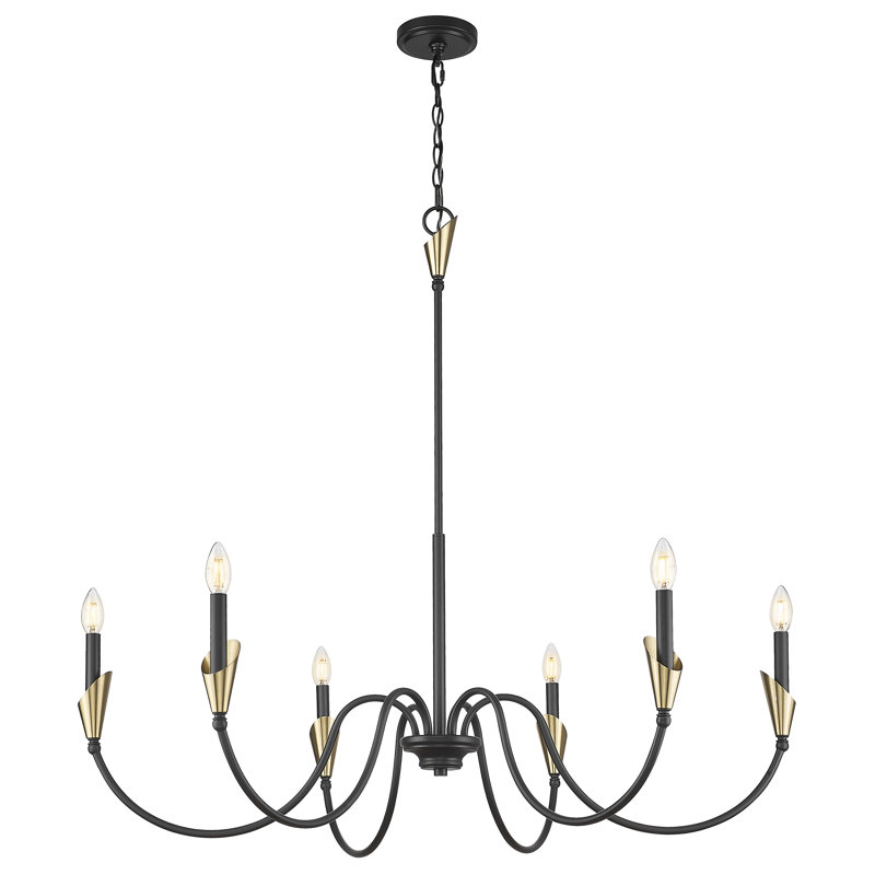 Lustre moderne Elvin, Six lumières, Noir mat / Or, H 39 po x l 46 po x P 46 po