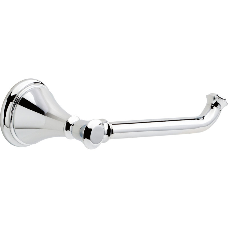Toilet paper holder in polished chrome with a single-post wall mount design.