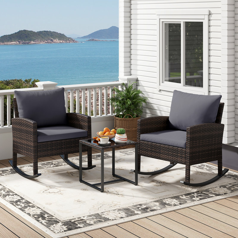 3 Pieces Wicker Rocking Bistro Set Hand-Woven Rattan Outdoor Patio Furniture Set