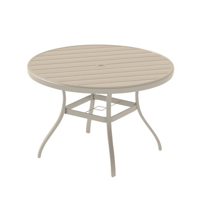 Table de salle à manger d'extérieur ronde pour 6 à 7 personnes, table de salle à manger toutes saisons en métal avec trou pour parasol