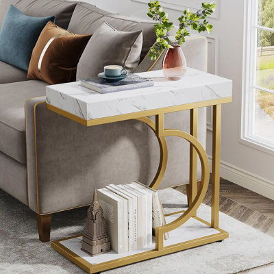 C-Shaped Sofa Side Table With White Faux Marble Top And Gold Metal Frame, Durable And Space-Saving For Modern Living