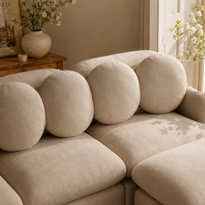 Canapé modulaire en chenille Veloria Comfy avec repose-pieds mobile, canapé profond à 4 places avec 6 coussins décoratifs, structure en bois massif pour le salon, la chambre et les appartements