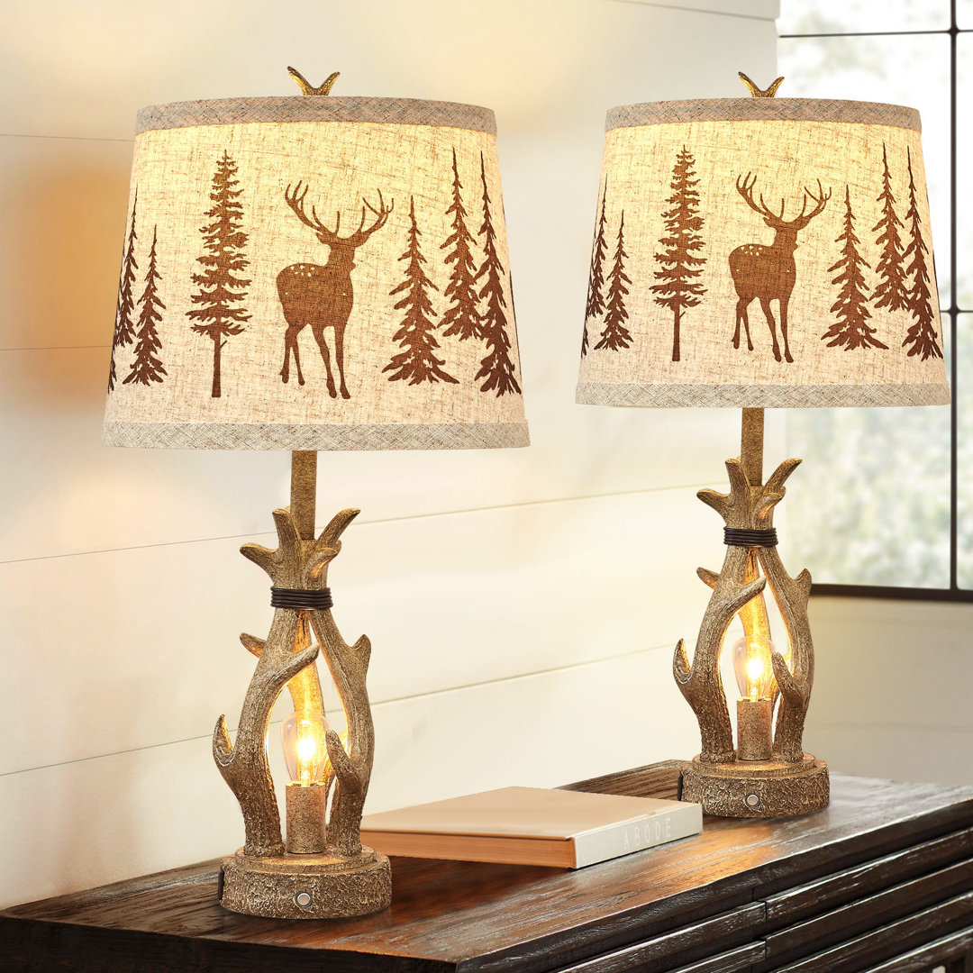 26" Resin Antler Table Lamp with Charging Ports & 3-Way Dimmable Nightlight (Set of 2) Millwood Pines
