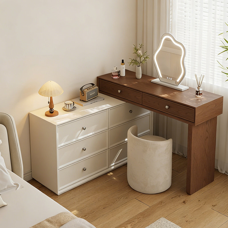 Ensemble de commode à tiroirs 78,74 "moderne blanc cassé minimaliste + coiffeuse couleur noyer, conception extensible, comprend tabouret et miroir de maquillage à DEL