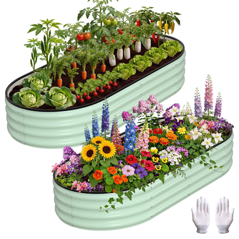 4 x 2 x 1 FT Raised Garden Bed, Galvanized Oval Planter, Rubber Edge, Outdoor, Dark Gray, 2 PCS, Gray