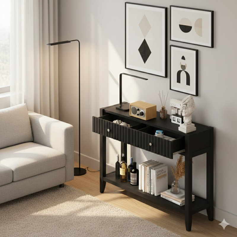 Console avec tiroirs, table d'appoint en bois avec table de rangement étroite et tablette de rangement