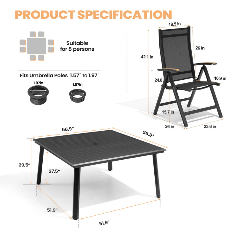 8 - Person Outdoor Aluminum Dining Set With Folding Reclining Armchairs