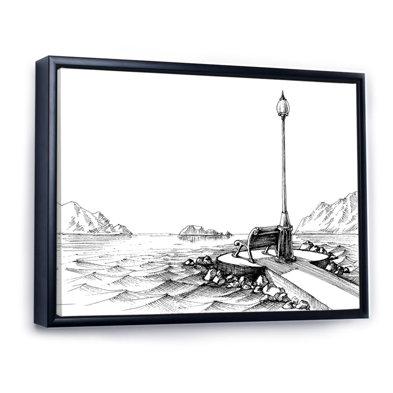 A Bench by the Sea en noir et blanc par Ansel Adams - peinture sur toile, H 12 po x l 20 po, Toile à cadre flottant noir