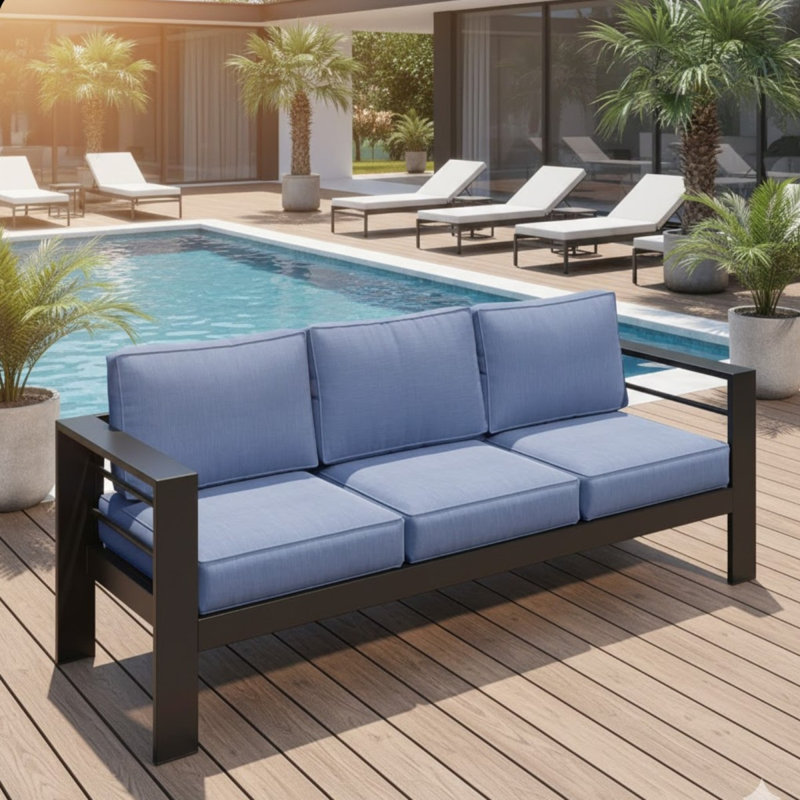 73" All-Weather Aluminum Patio Sofa, 3 Seat Outdoor Couch With  Thick Blue Cushions & Black Frame, Blue, Black