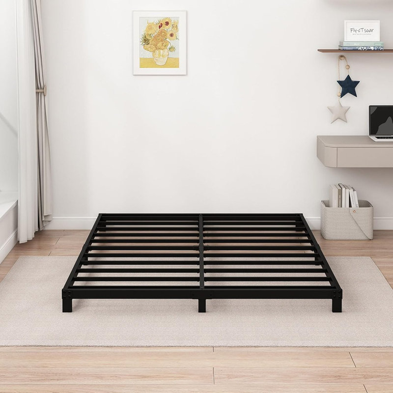 Plateforme en métal robuste de 5 po avec lit grand et bas, sans sommier, sommier facile à assembler, noir