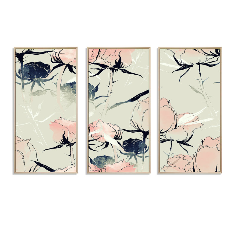 «Pink Pastel Roses», reproduction sur toile flottante 3 pièces, H 28 po x l 36 po x P 1 po, Cadre brun